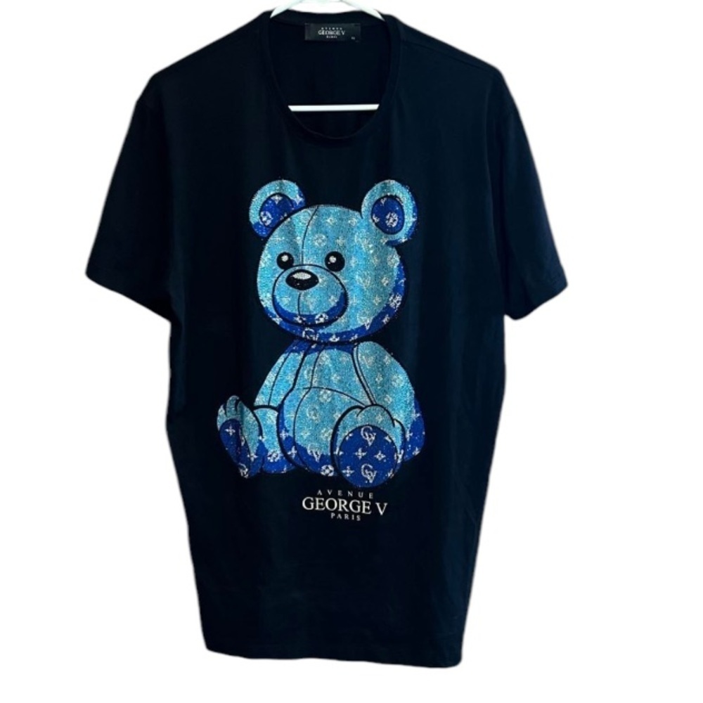 Avenue George V Paris Black S/Sleeve Tee Shirt Sz XXL Blue rhinestone teddy bear